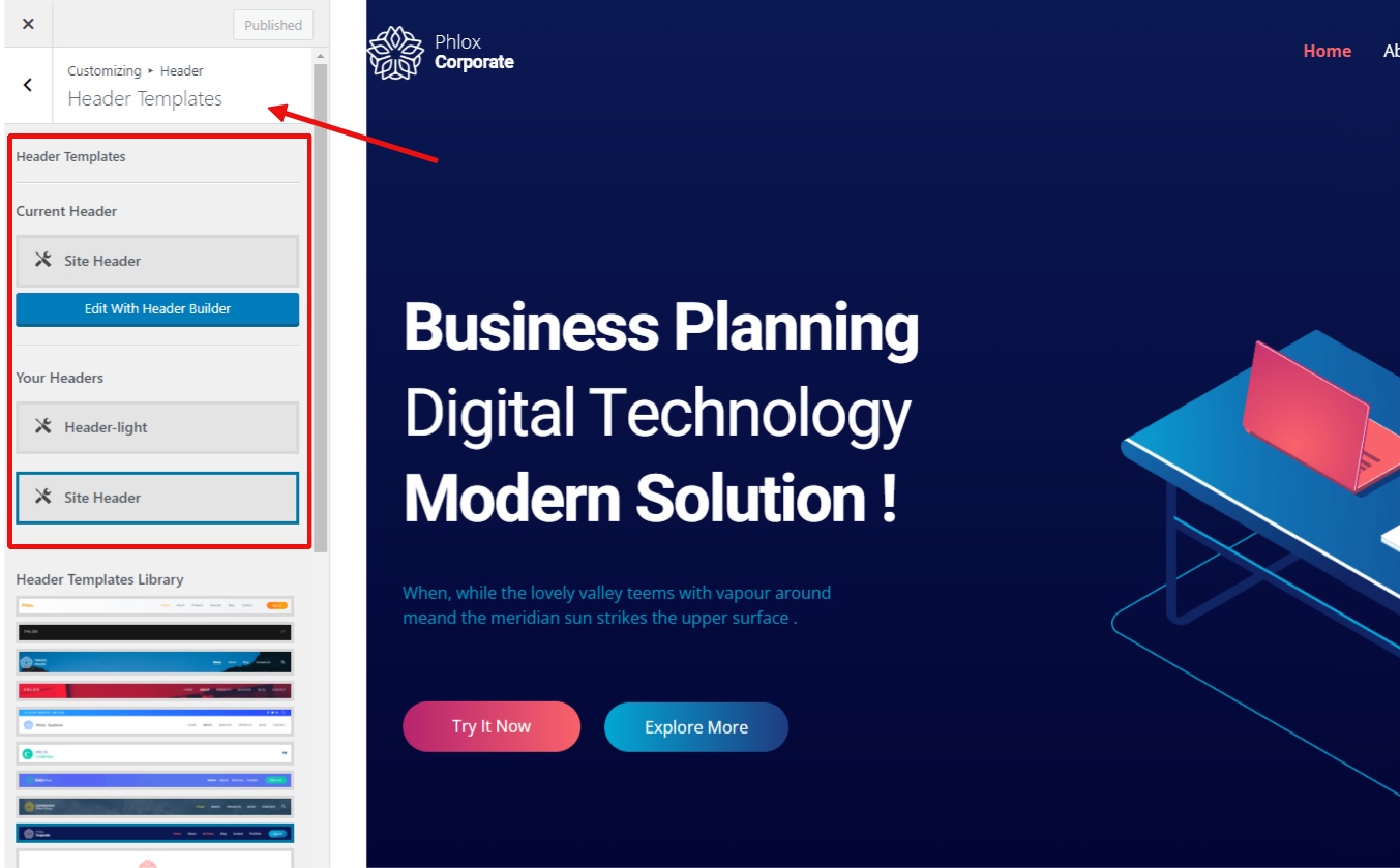 Header Templates in the Customizer panel