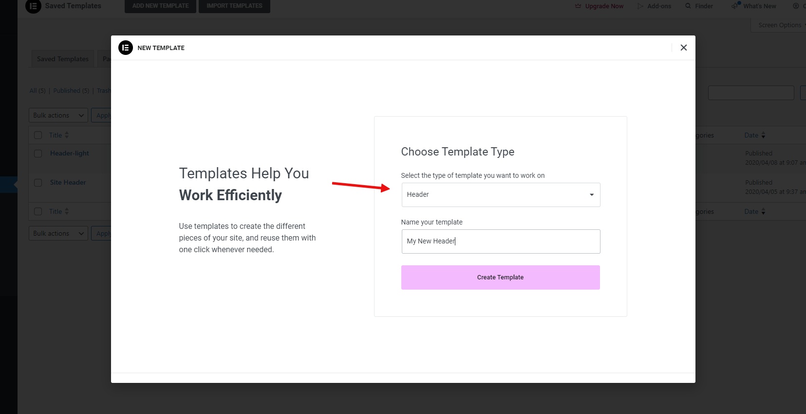 Selecting new template type