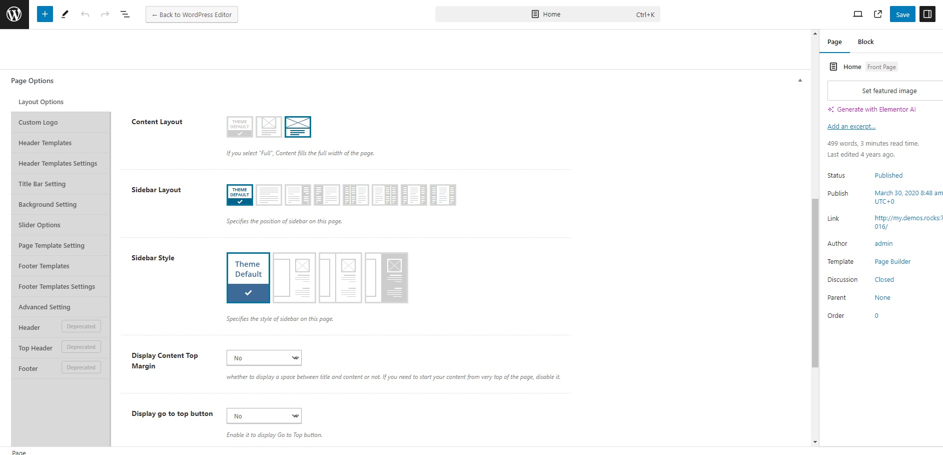 The Page Options panel