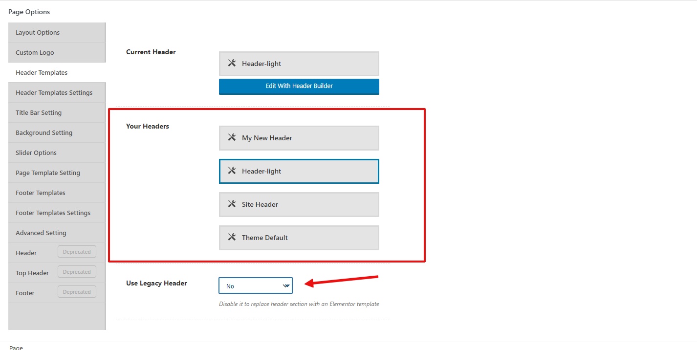 Selecting a header template for this page using Page Options panel